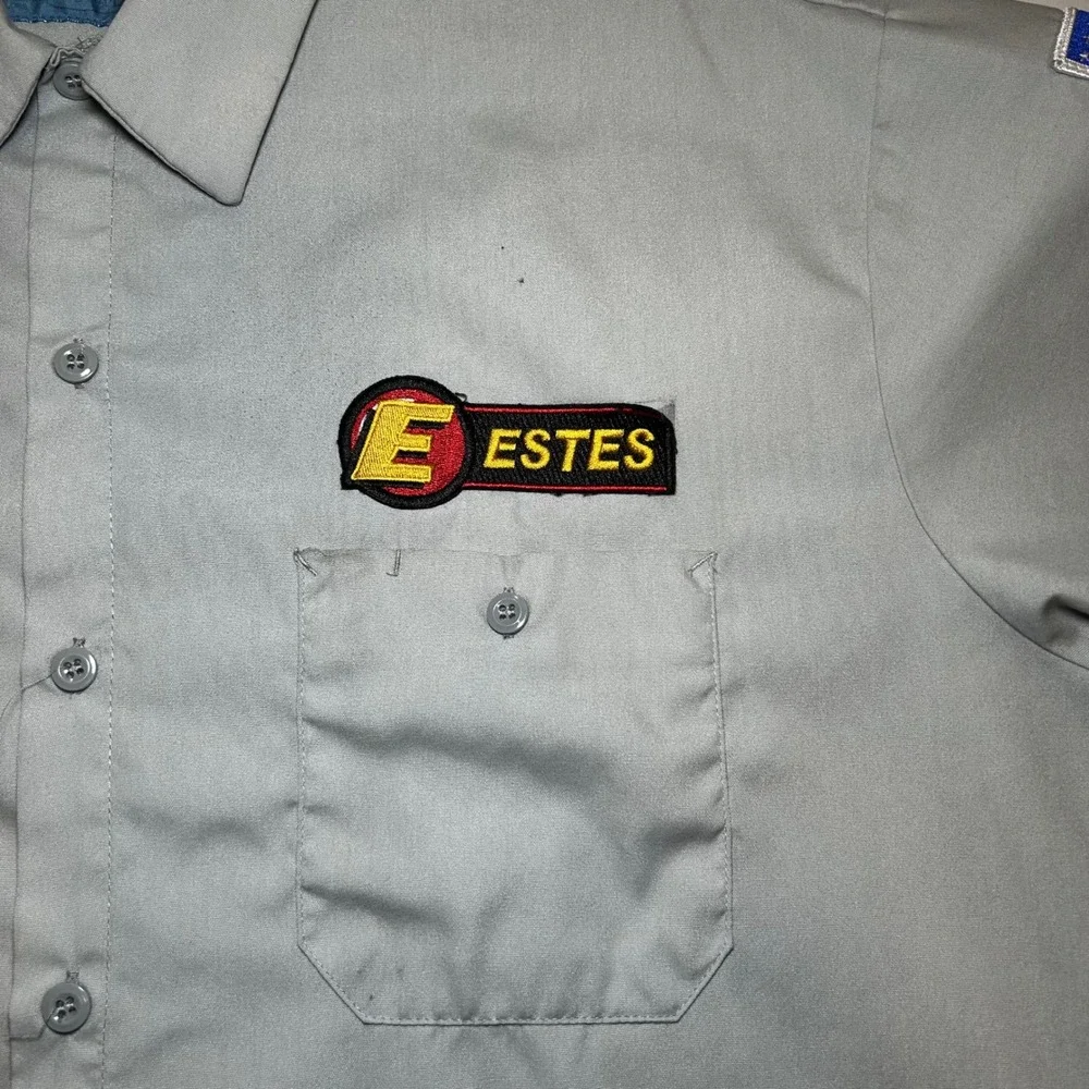 Vintage Mens ESTES Work Shirt Short Sleeve‎ Gray Embroidered Ray American Flag